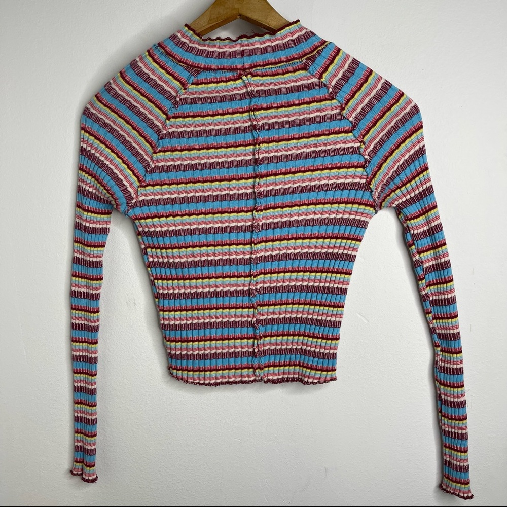 Free People Retro Mirror Blue Striped Mock Neck Ribbed Long Sleeve Crop Top Sz S - Picture 7 of 16